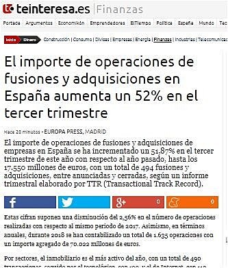 El importe de operaciones de fusiones y adquisiciones en Espaa aumenta un 52% en el tercer trimestre